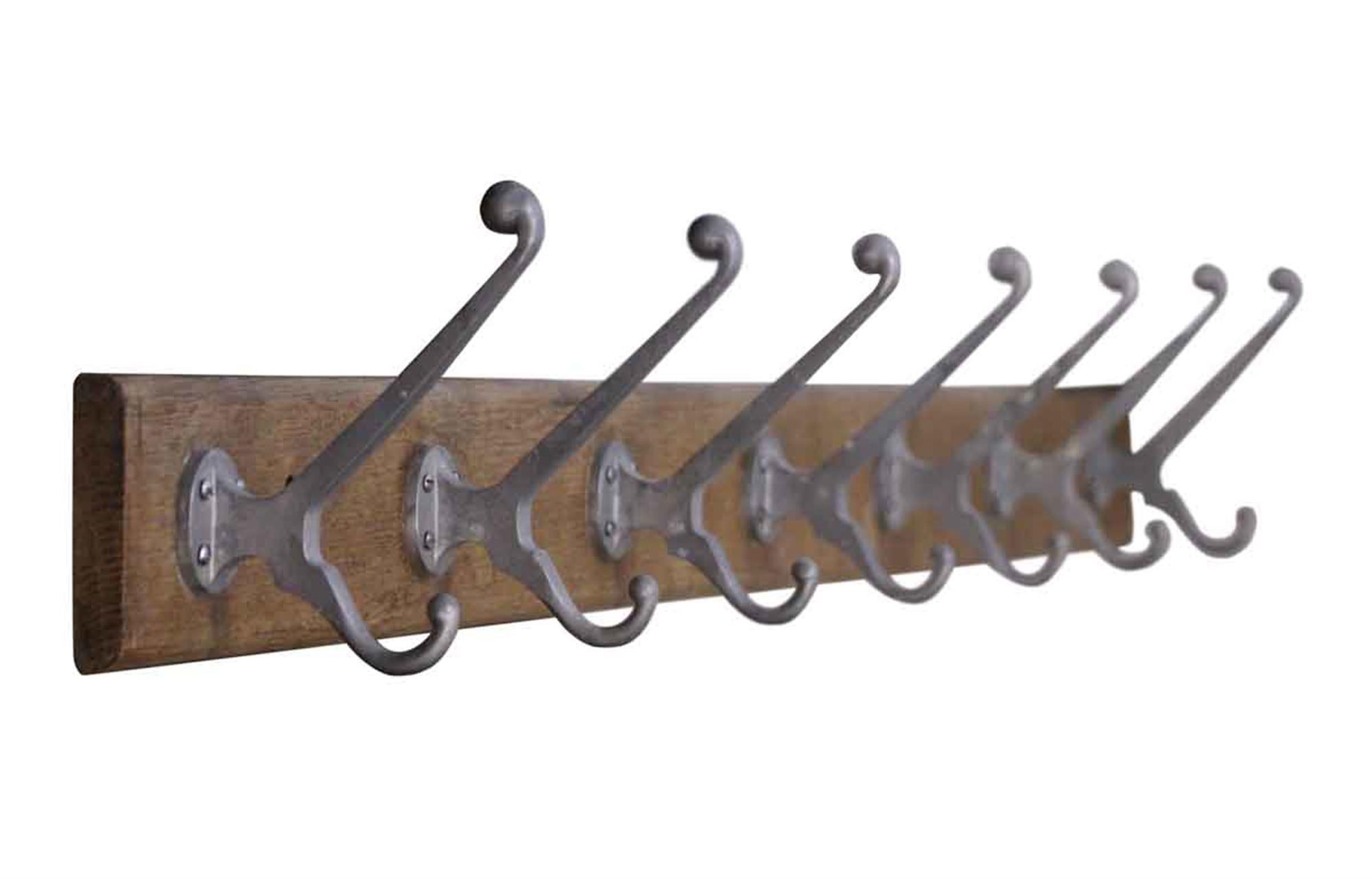 Industrial 1990s Belgium Wall Mounted Coat Rack with Seven Hooks on a Wooden Plank