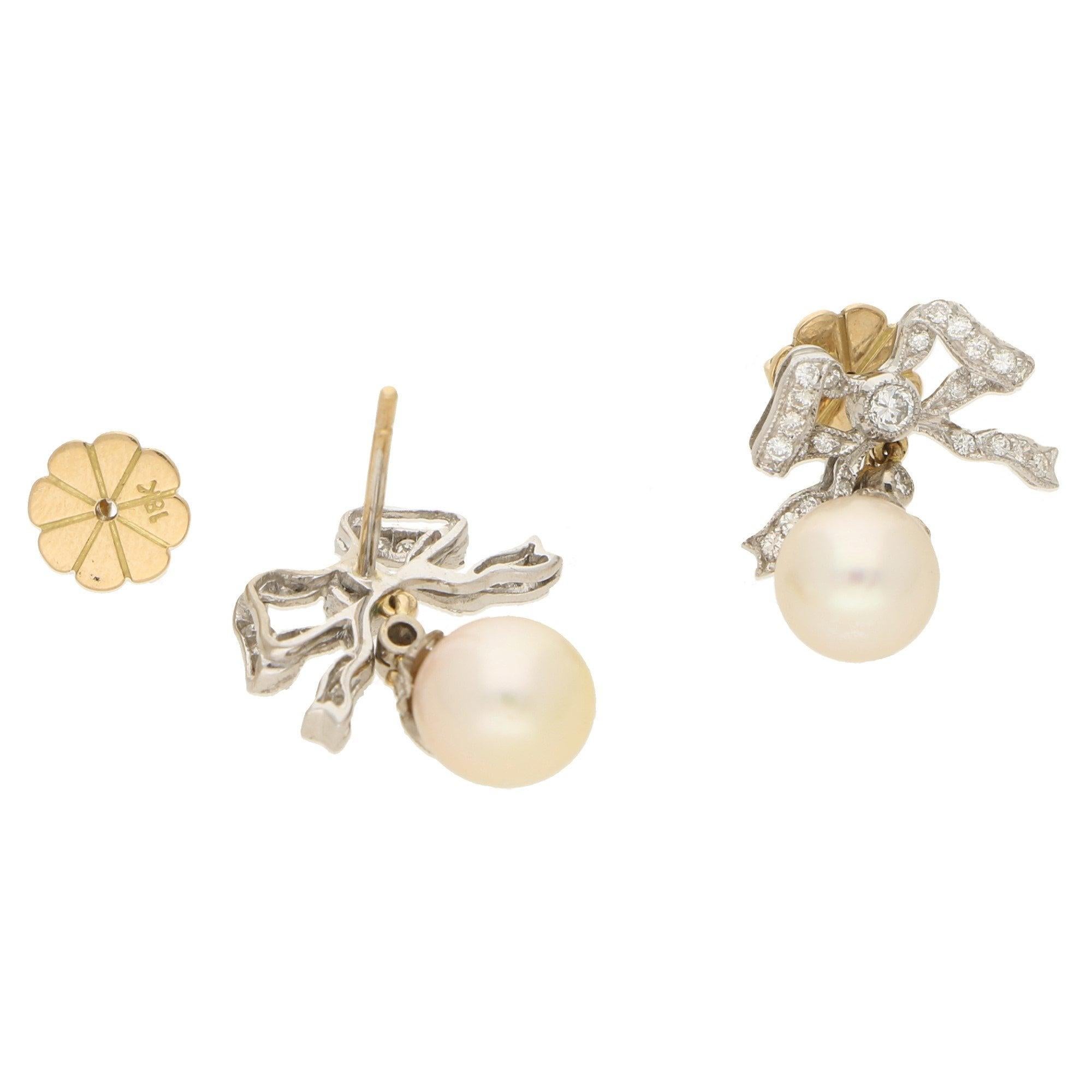 Belle Epoque Style Pearl and Diamond Bow Drop Earrings Circa 1990's  In Good Condition In London, GB