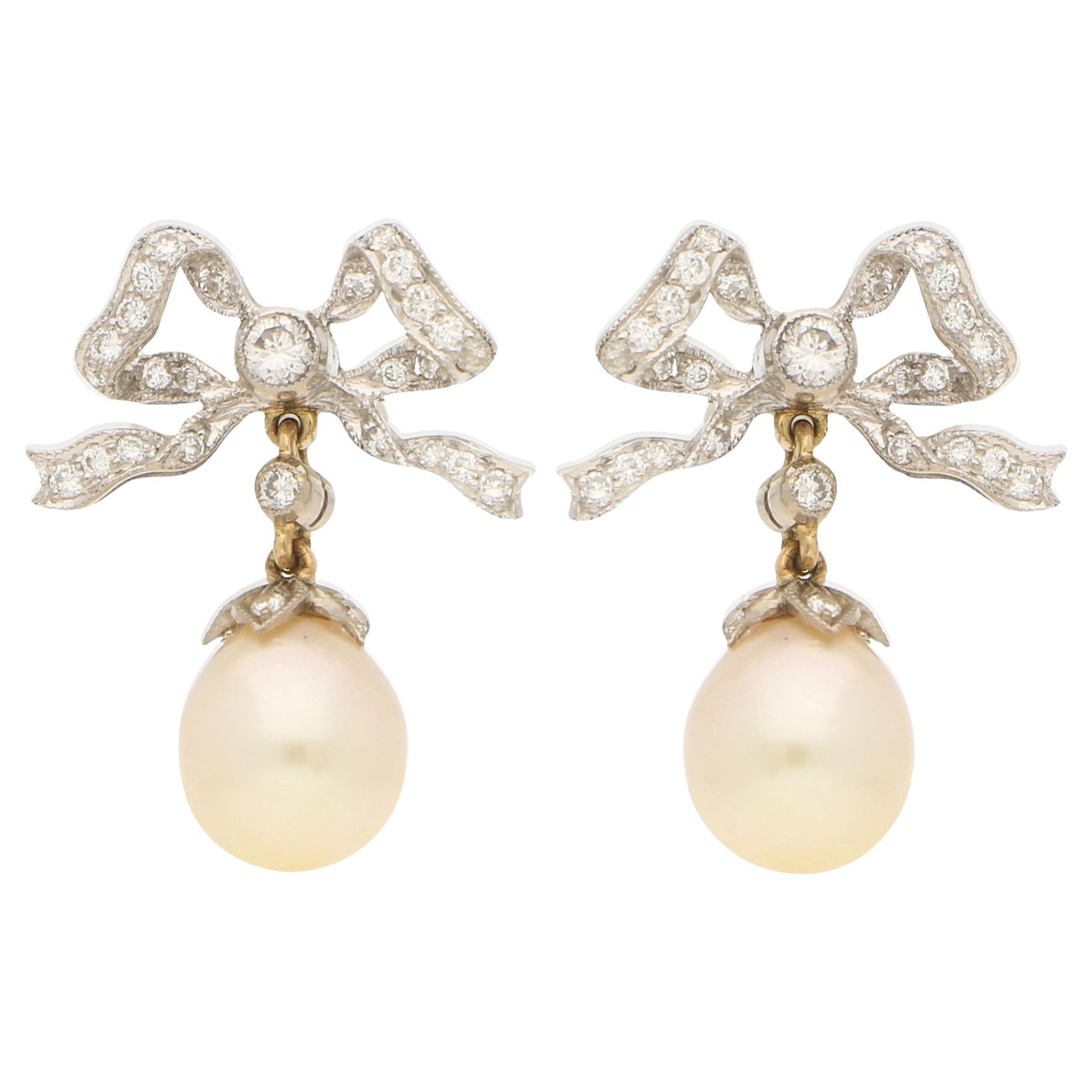 Belle Epoque Style Pearl and Diamond Bow Drop Earrings Circa 1990's 