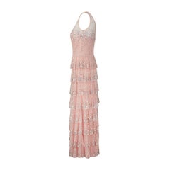 1990 Bellville Sasson Pink Sequinned Tulle Ruffle Layer Gown