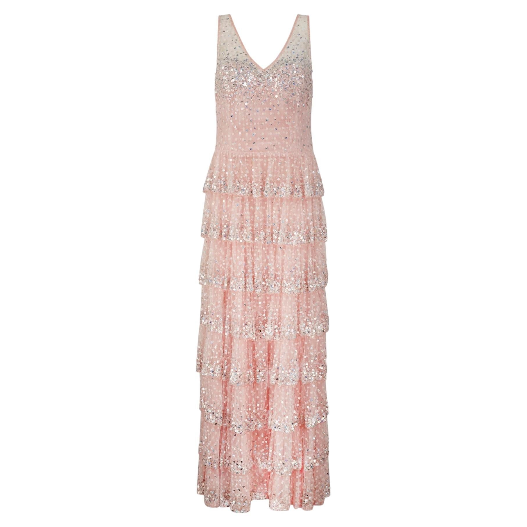 1990s Bellville Sasson Pink Sequinned Tulle Ruffle Layer Gown For Sale