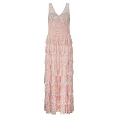 1990 Bellville Sasson Pink Sequinned Tulle Ruffle Layer Gown