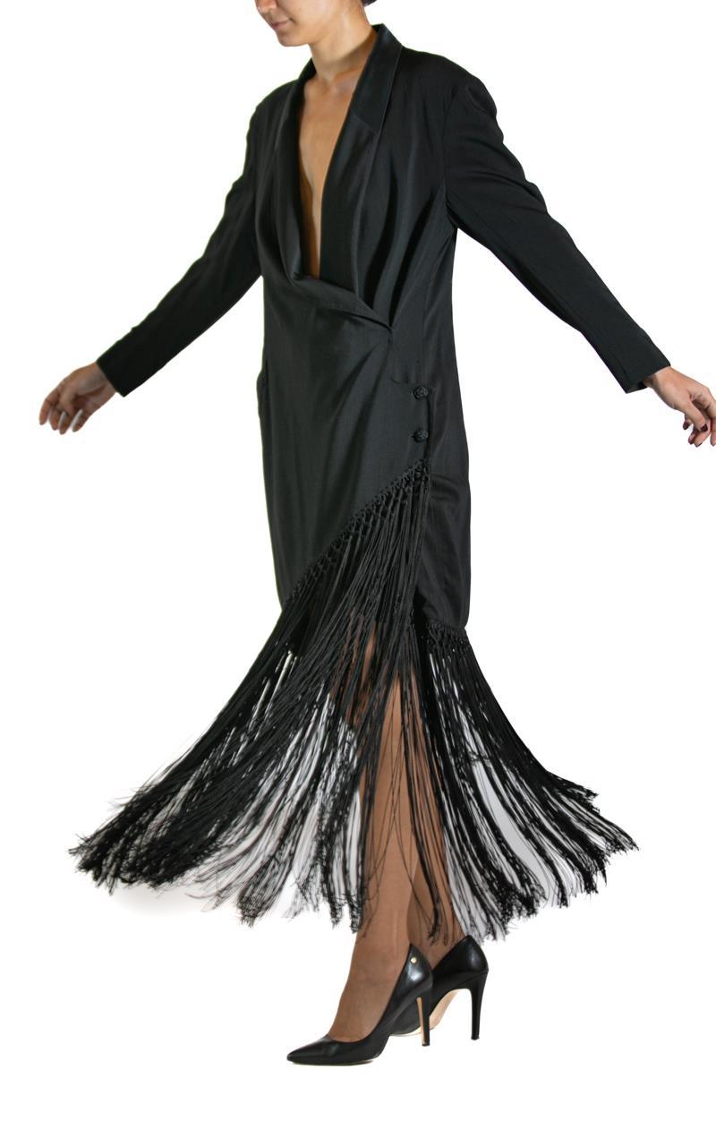 1990S BERNARD PERRIS Black Silk Cocktail Dress With Fringe For Sale 4