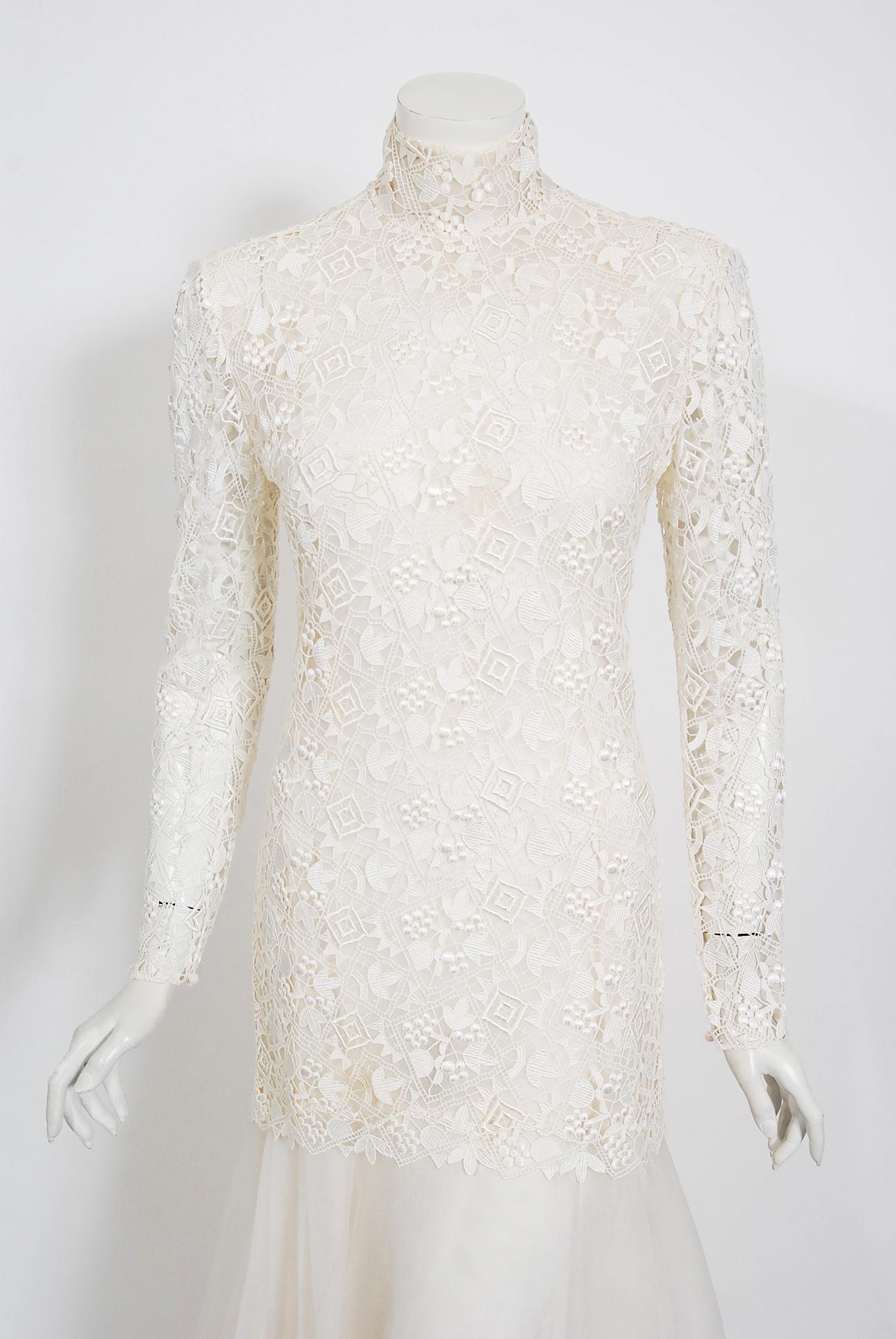 An ethereal early 1990's Bernard Perris Paris Couture ivory lace and silk gown that retailed for over $5,000. At age 16, Perris ventured to Paris, where he eventually was hired as a couture assistant for Guy Laroche. He then went on to design