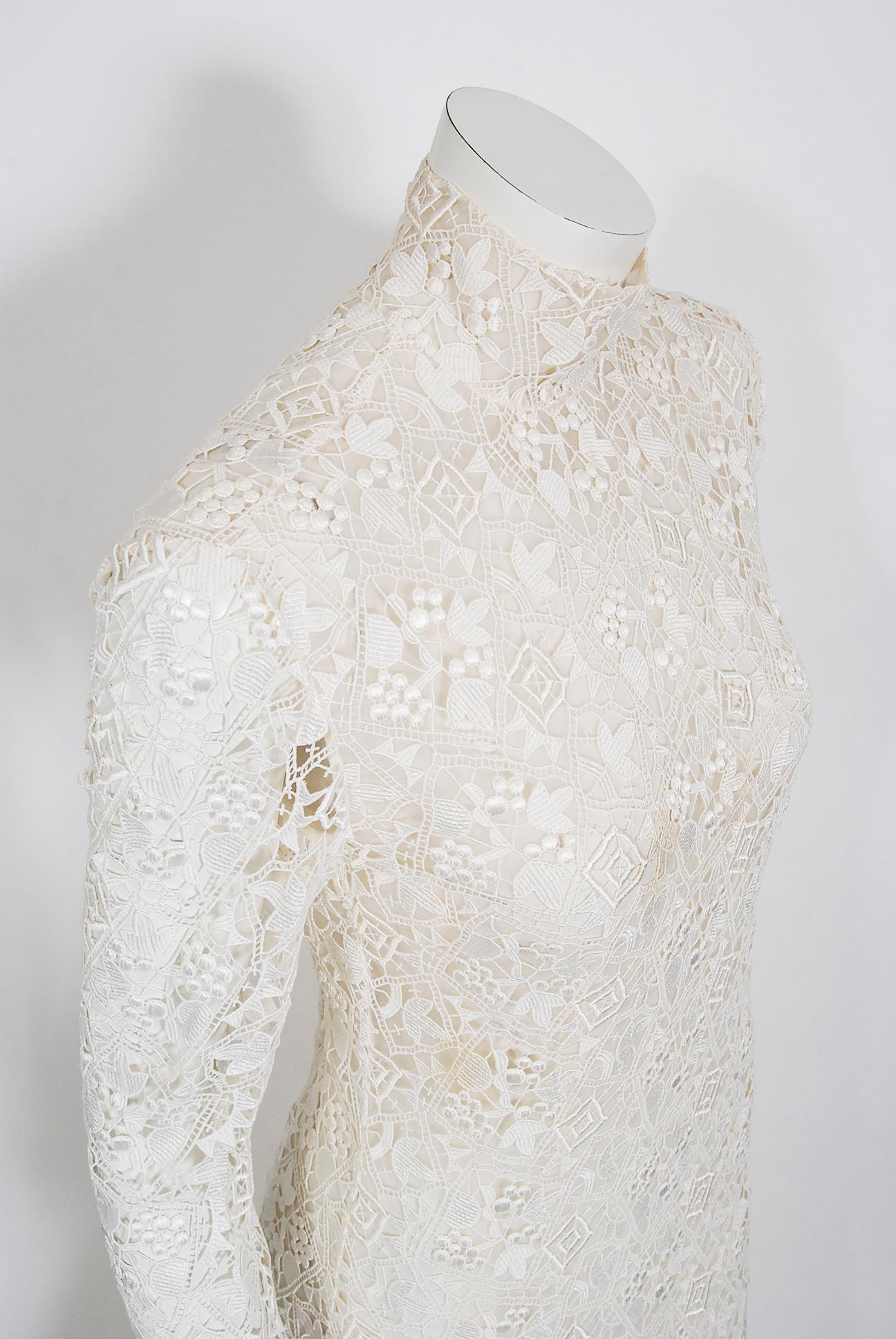 Vintage 1990's Bernard Perris Couture Ivory Lace Silk Long Sleeve Low ...