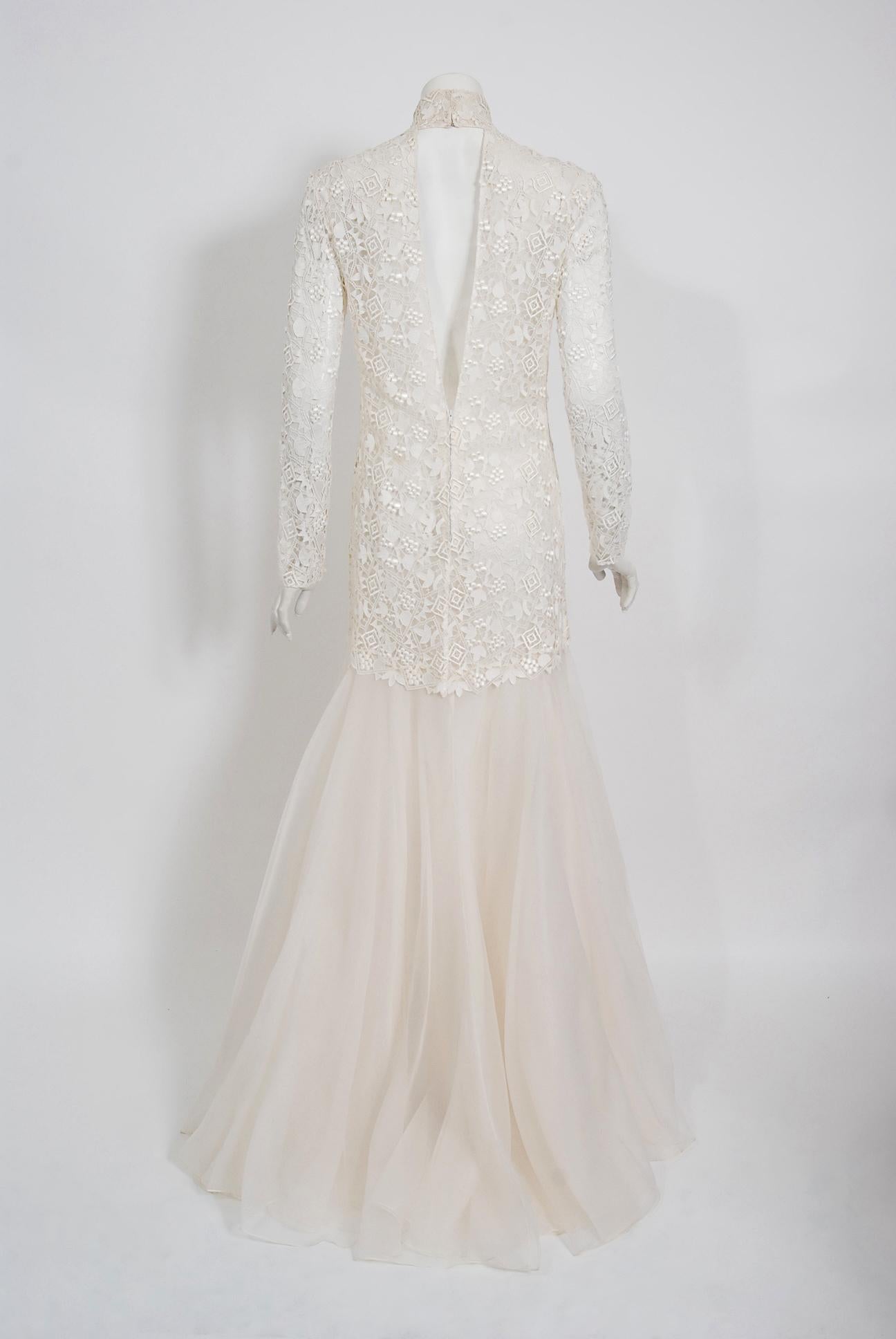Vintage 1990's Bernard Perris Couture Ivory Lace Silk Long Sleeve Low-Back Gown In Good Condition In Beverly Hills, CA