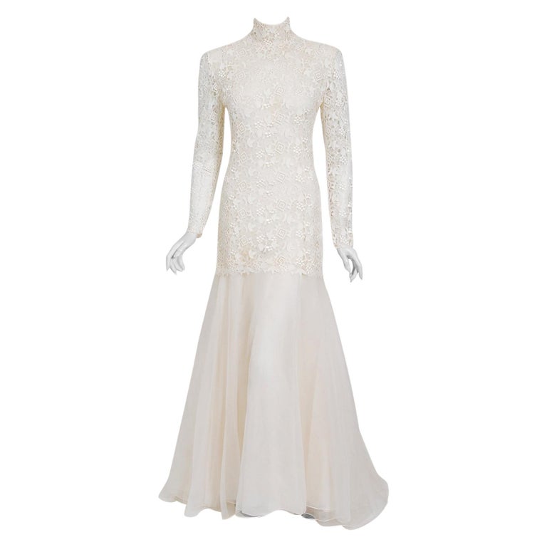 1990's Bernard Perris Couture Ivory Lace Silk Long Sleeve Low-Back Gown ...
