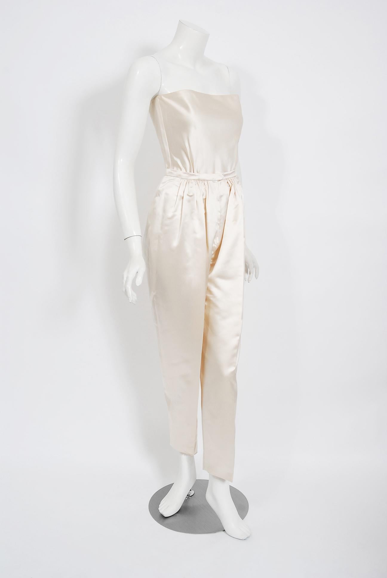 Vintage 1990's Bernard Perris Couture Ivory Silk Jumpsuit w/ Metallic Overlay 3