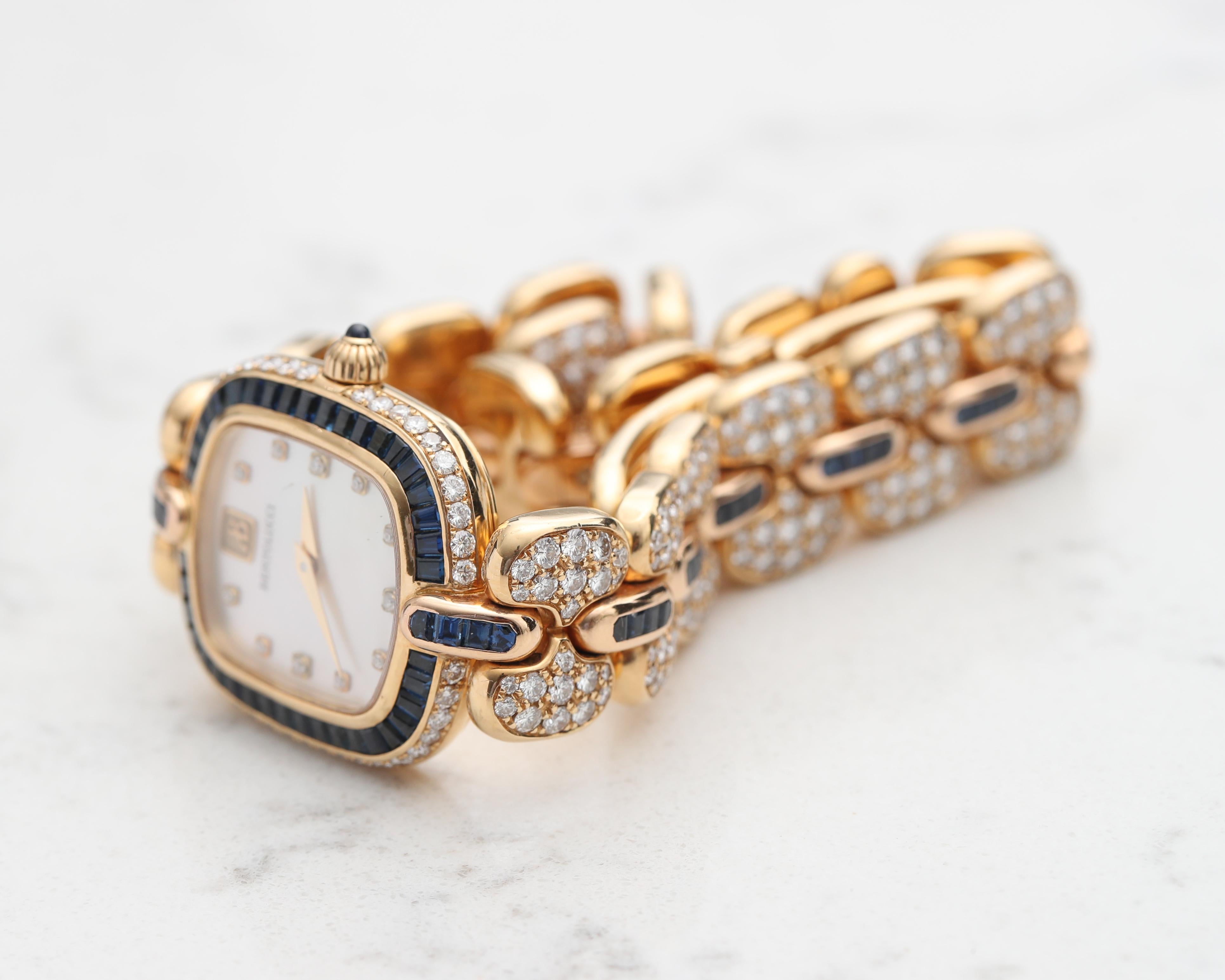 Modern 1990s Bertolucci 18 Karat Yellow Gold Wristwatch, Mother of Pearl Diamond Dial For Sale