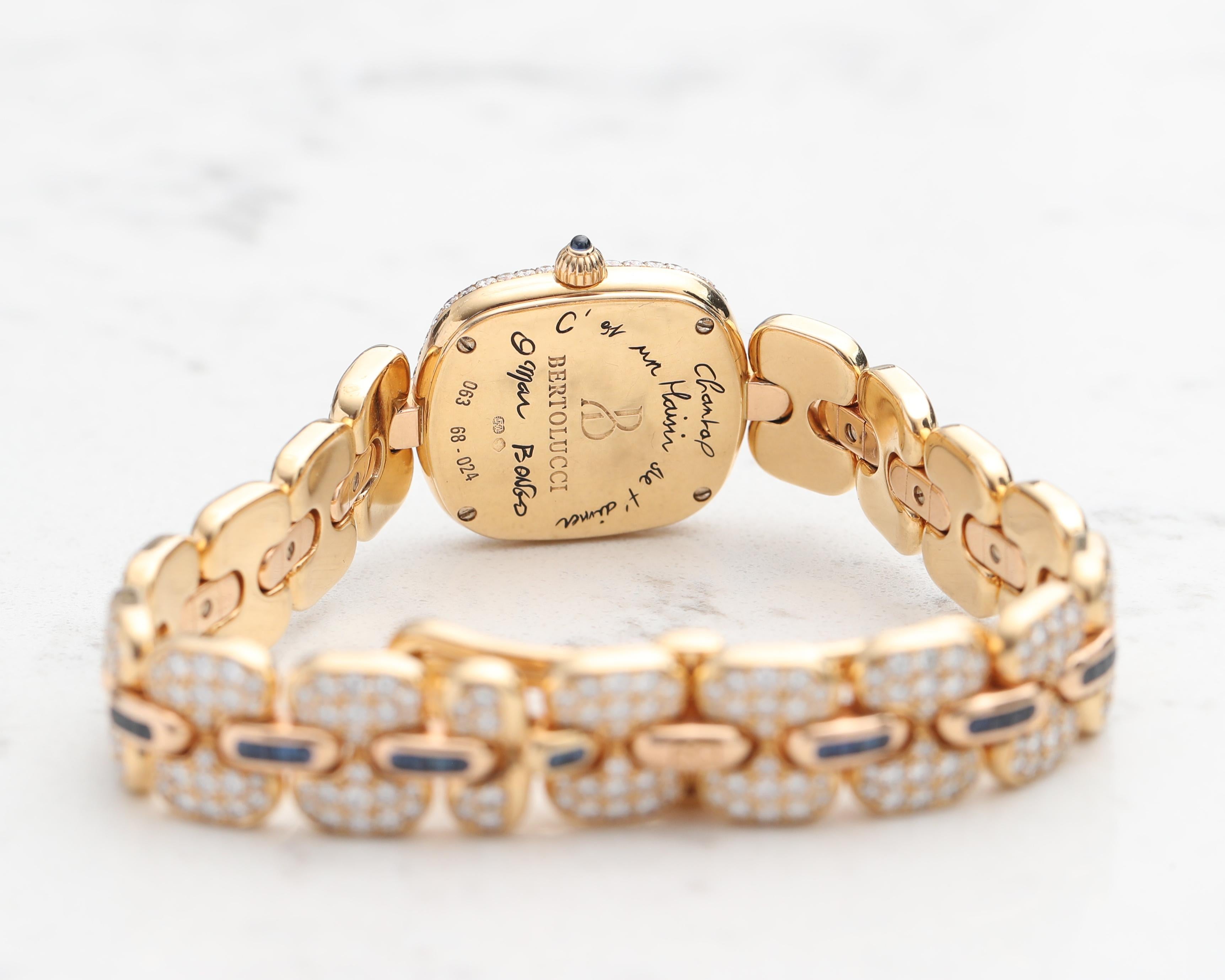 Women's 1990s Bertolucci 18 Karat Yellow Gold Wristwatch, Mother of Pearl Diamond Dial For Sale