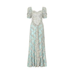 1990s Bespoke Embellished Lace and Crystal Turquoise Dress