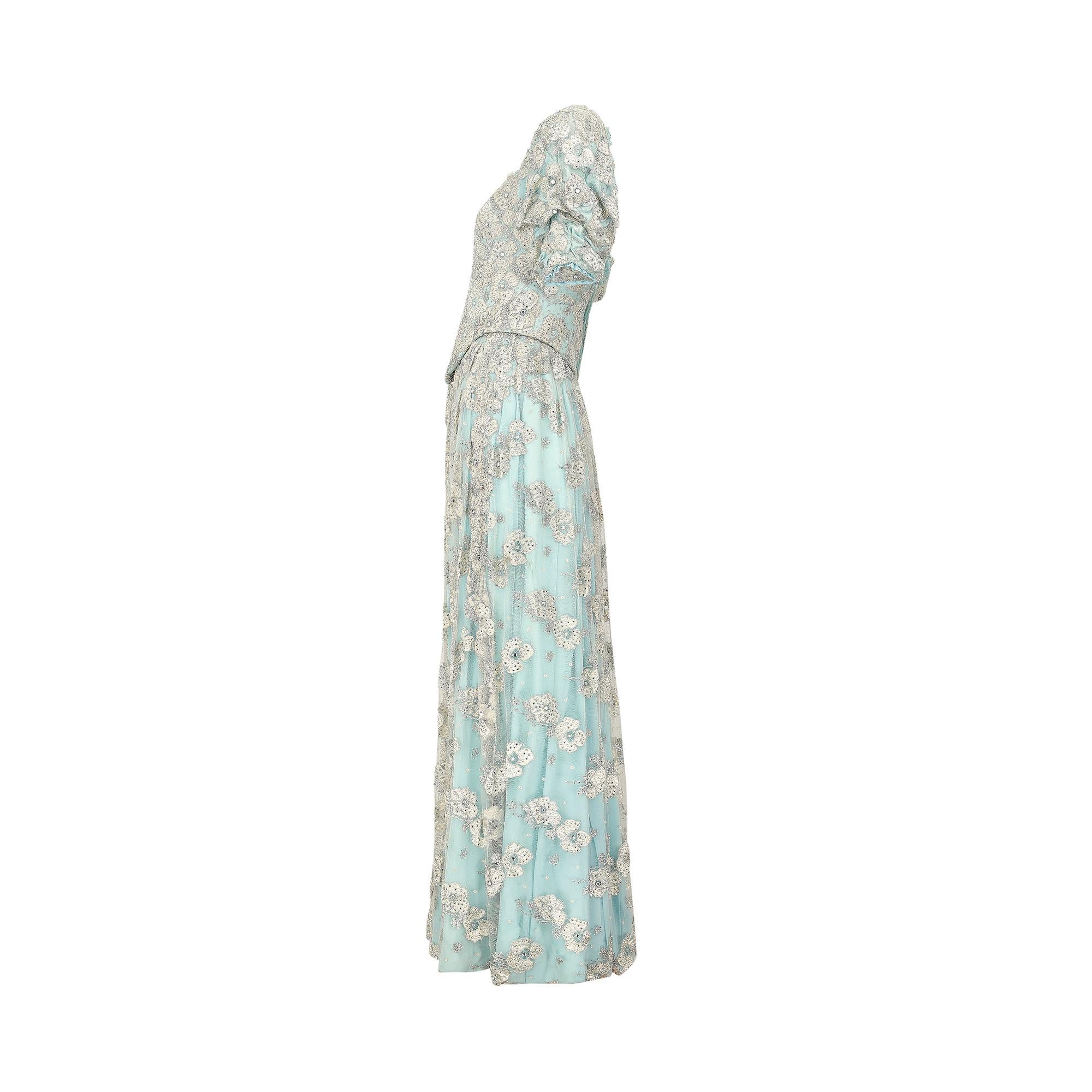 Gray 1990s Bespoke Embellished Lace and Crystal Turquoise Dress For Sale