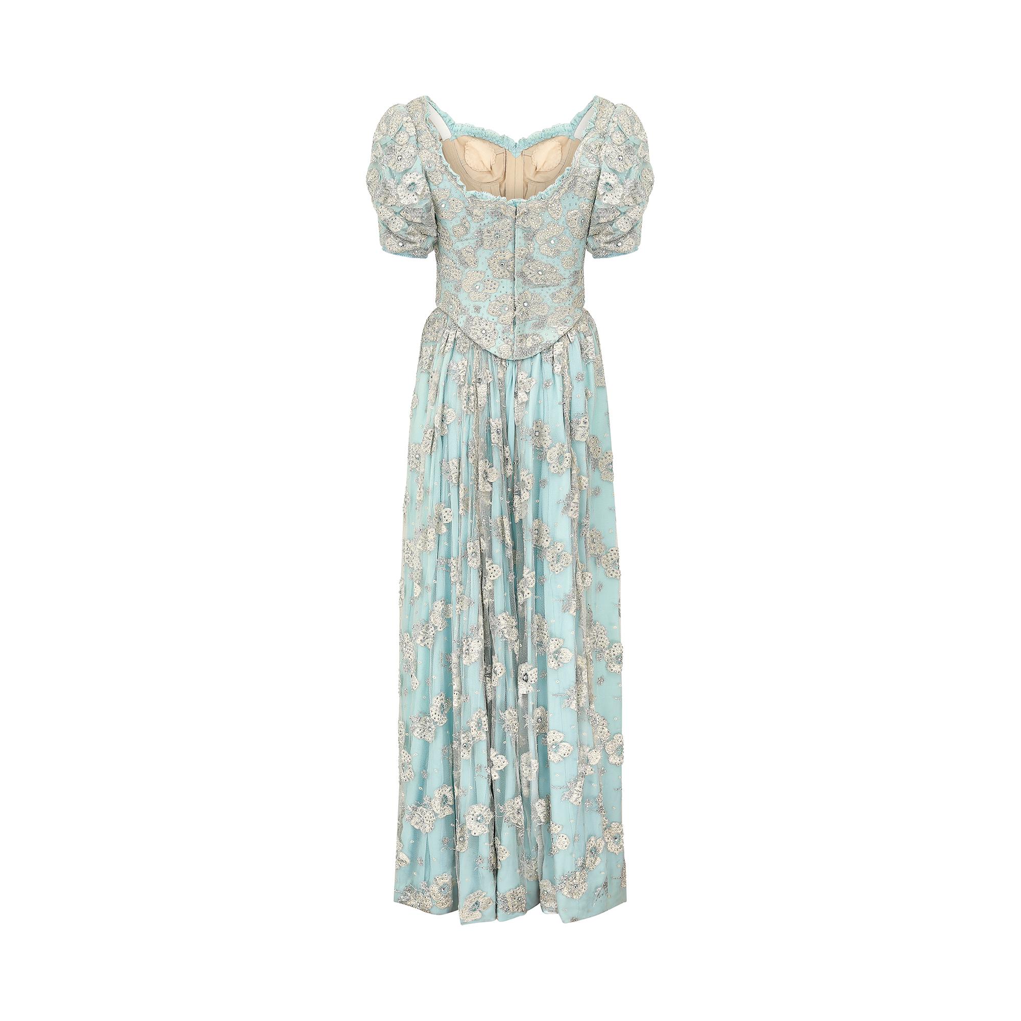 1990s Bespoke Embellished Lace and Crystal Turquoise Dress In Excellent Condition For Sale In London, GB