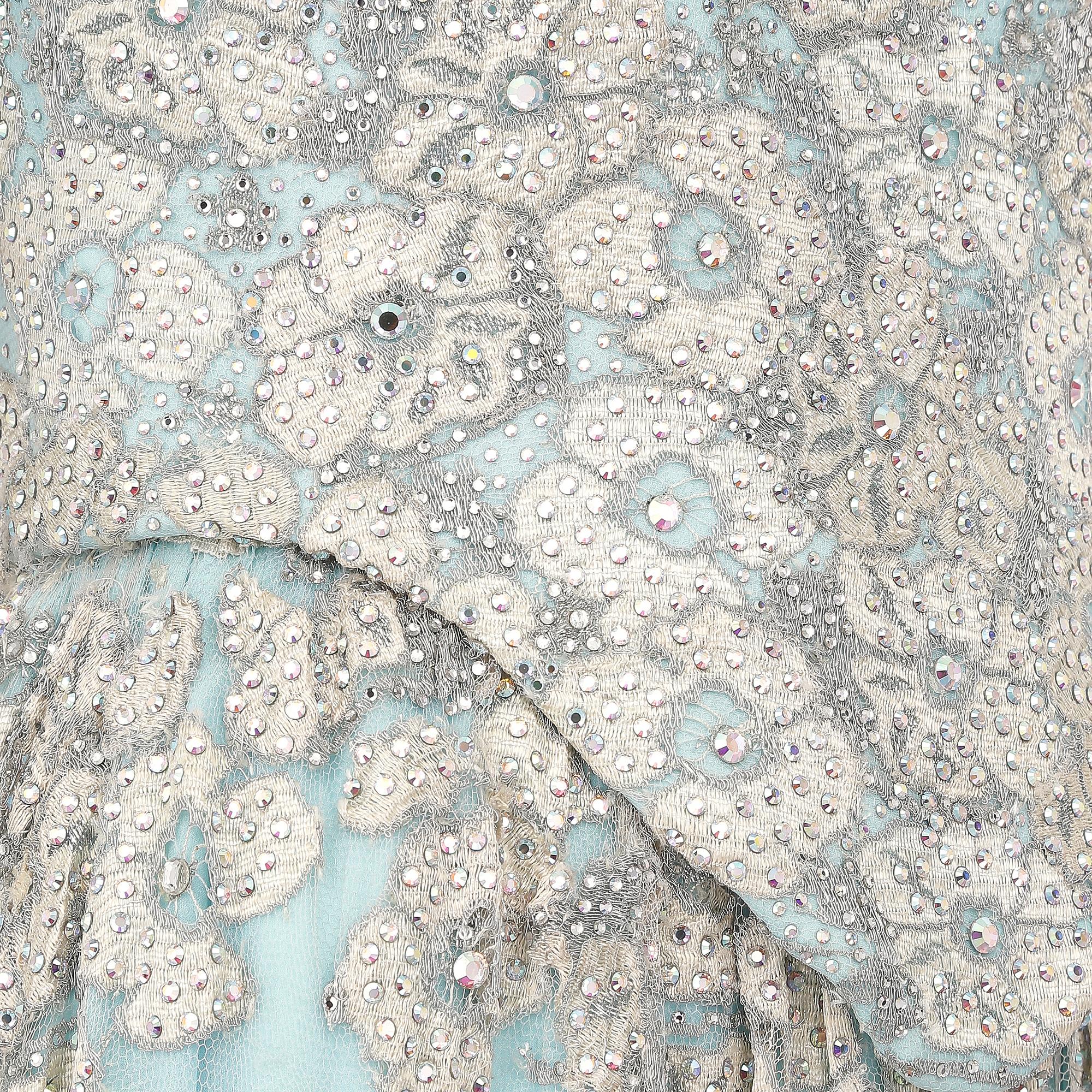 Women's 1990s Bespoke Embellished Lace and Crystal Turquoise Dress For Sale