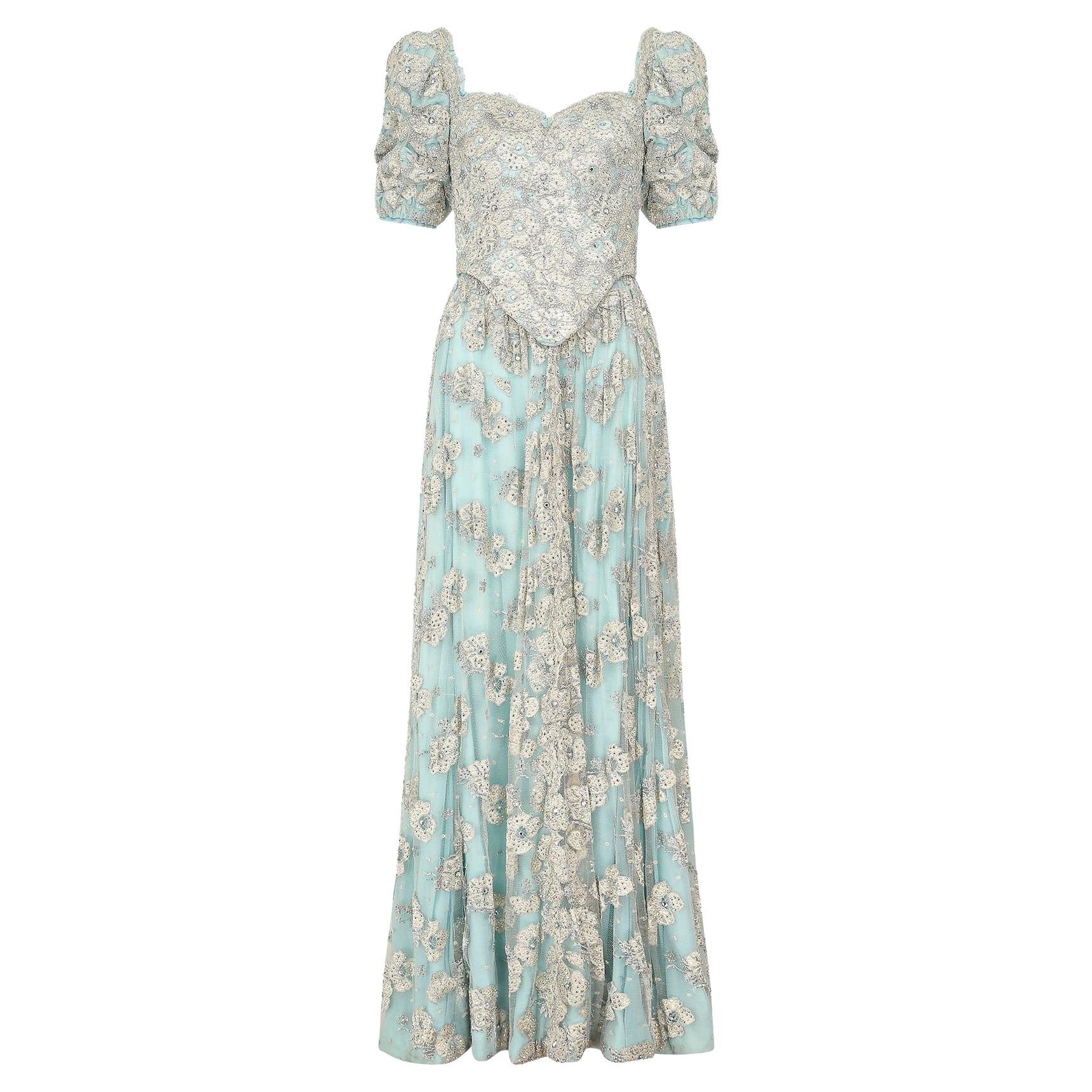 1990s Bespoke Embellished Lace and Crystal Turquoise Dress