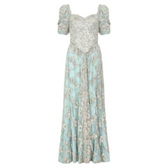 1990s Bespoke Embellished Lace and Crystal Turquoise Dress
