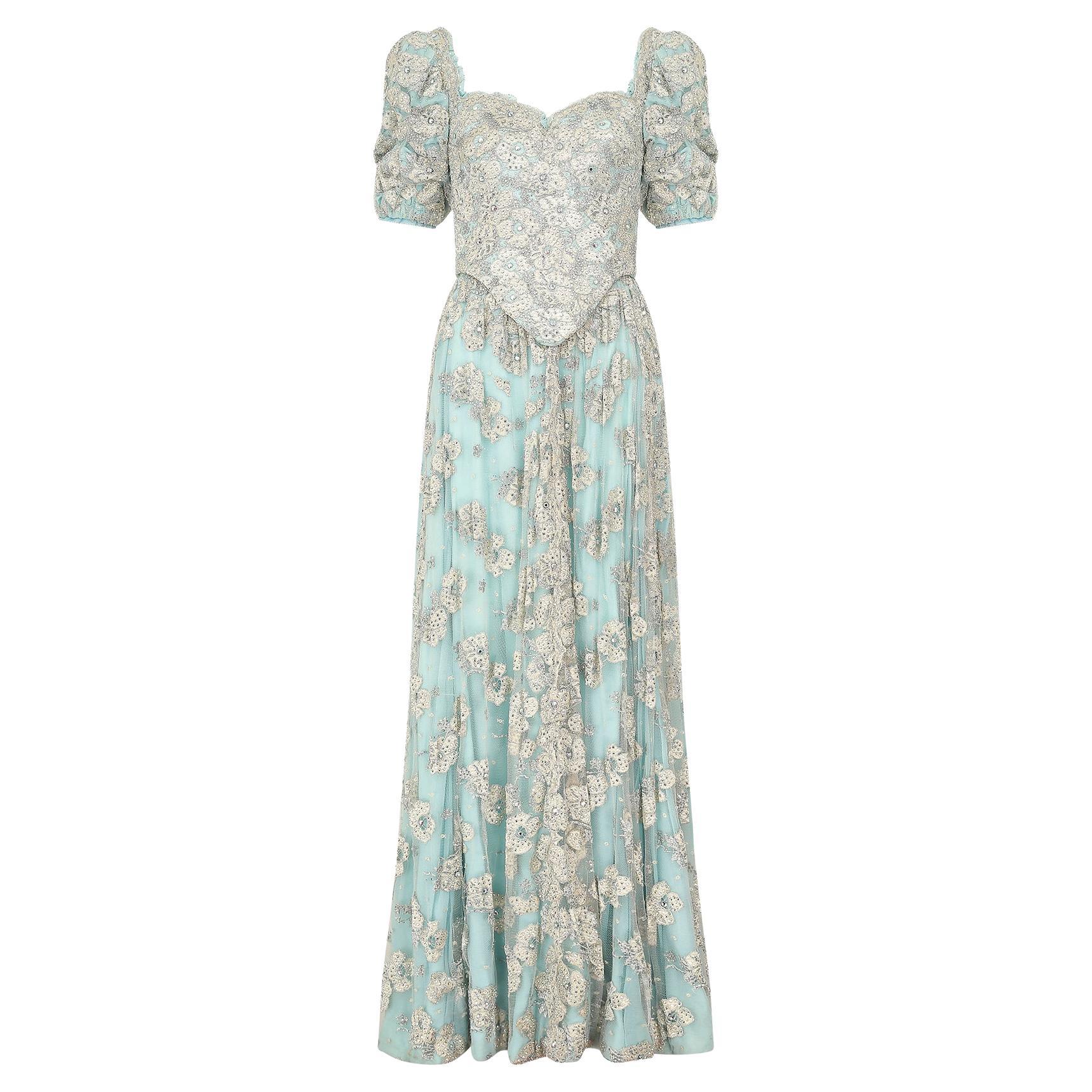 1990s Bespoke Embellished Lace and Crystal Turquoise Dress For Sale