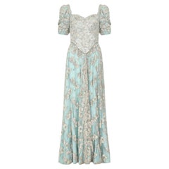 1990s Bespoke Embellished Lace and Crystal Turquoise Dress