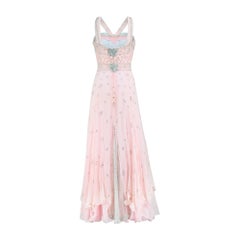 1990s Bespoke Pink Silk Maxi Dress with Rhinestones and Silver Lace