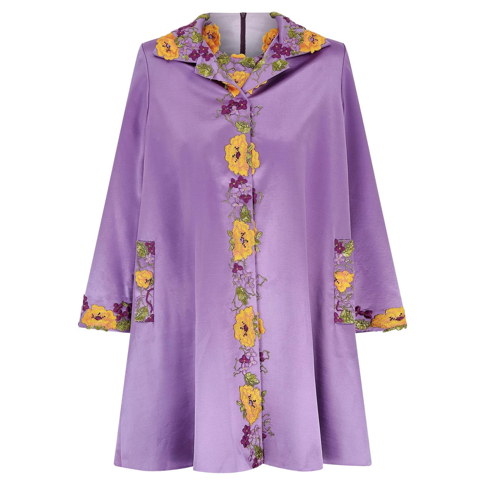 Women's 1990s Bespoke Purple Floral Embroidered Dress Jacket Suit For Sale