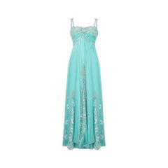 1990s Bespoke Turquoise Sequinned and Embroidered Dress