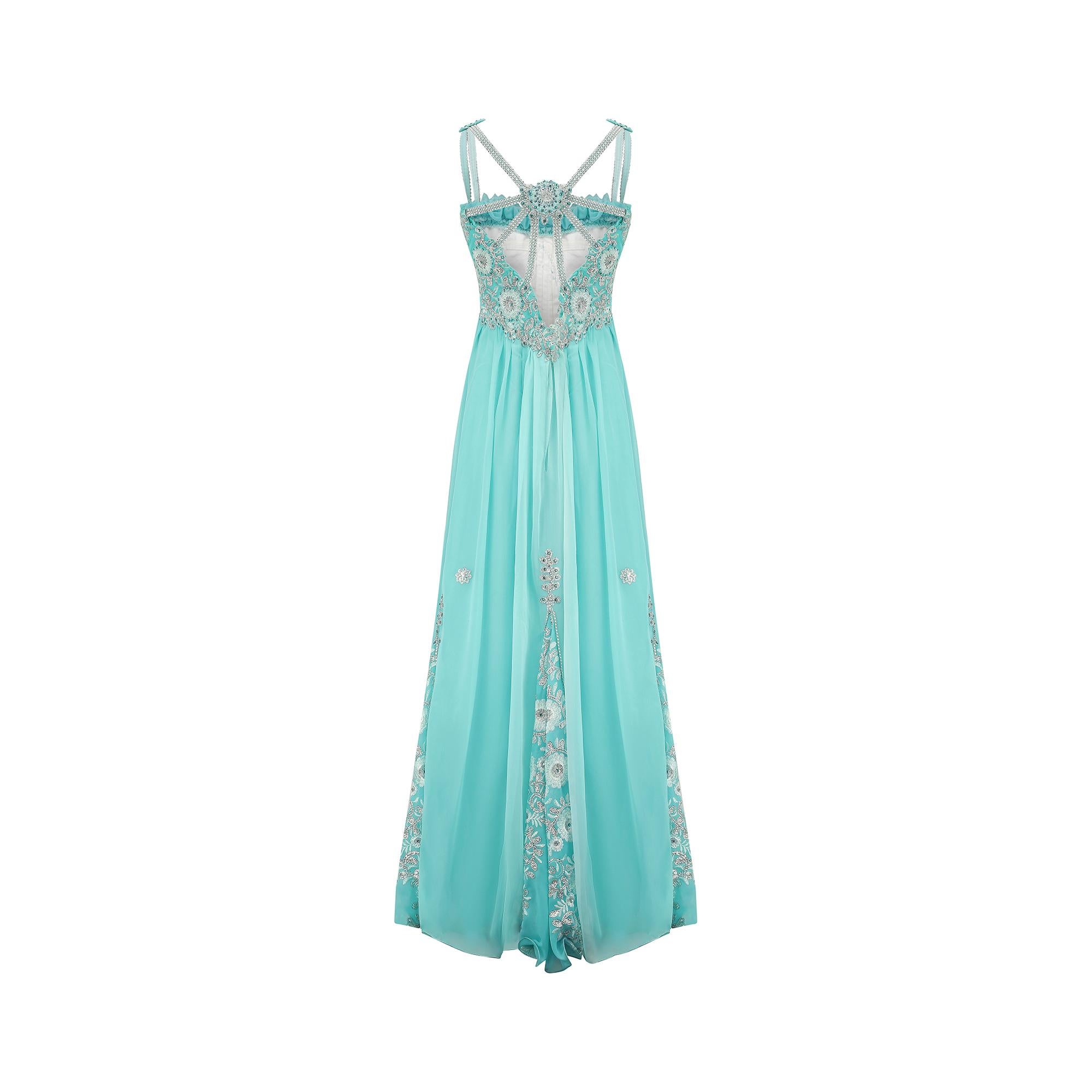 Blue 1990s Bespoke Turquoise Sequinned and Embroidered Dress