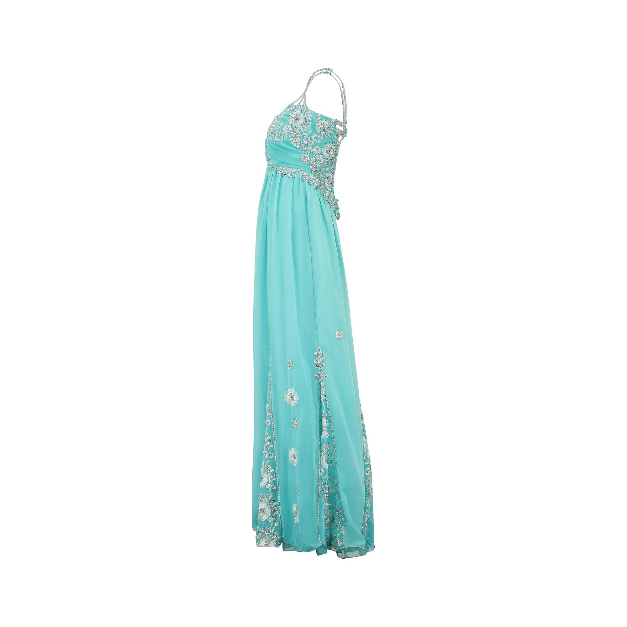 1990s Bespoke Turquoise Sequinned and Embroidered Dress In Excellent Condition In London, GB