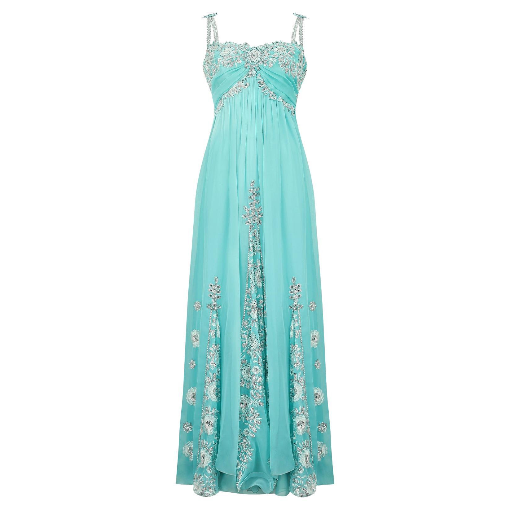 1990s Bespoke Turquoise Sequinned and Embroidered Dress