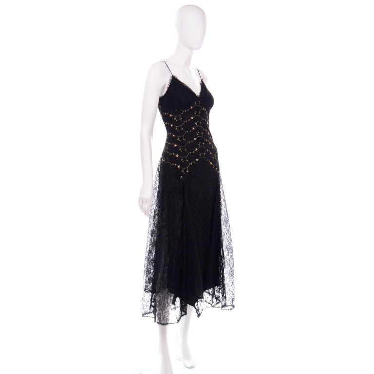 1990s Betsey Johnson Black Dot Lace Vintage Evening Dress w Floral