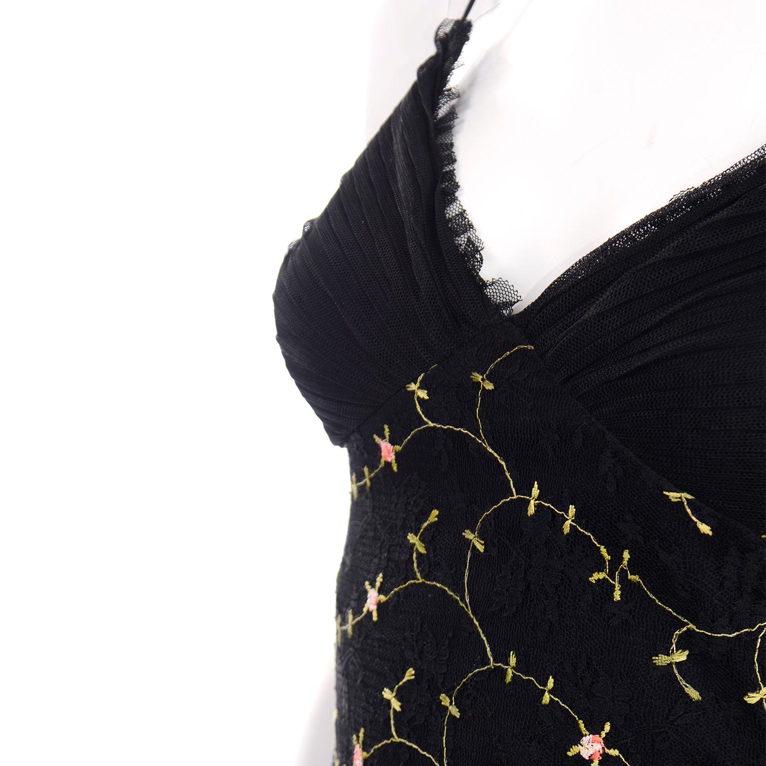1990s Betsey Johnson Black Dot Lace Vintage Evening Dress w Floral Embroidery In Excellent Condition In Portland, OR
