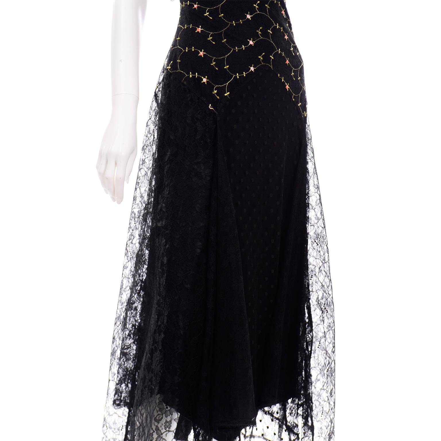 Women's 1990s Betsey Johnson Black Dot Lace Vintage Evening Dress w Floral Embroidery