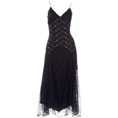 1990s Betsey Johnson Black Dot Lace Retro Evening Dress w Floral Embroidery