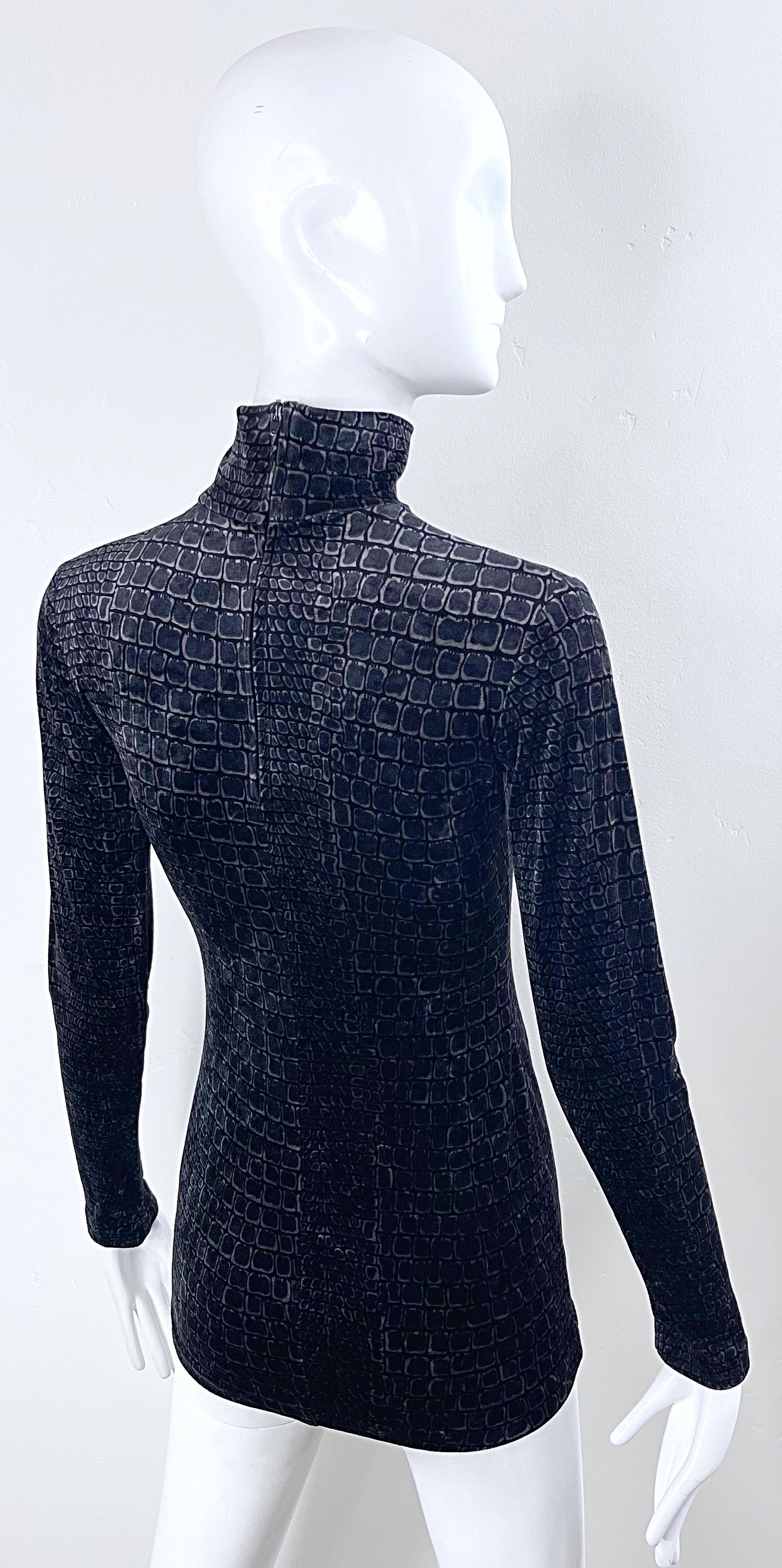 1990s Betsey Johnson Crocodile Alligator Print Vintage 90s Velour Turtleneck Top For Sale 5