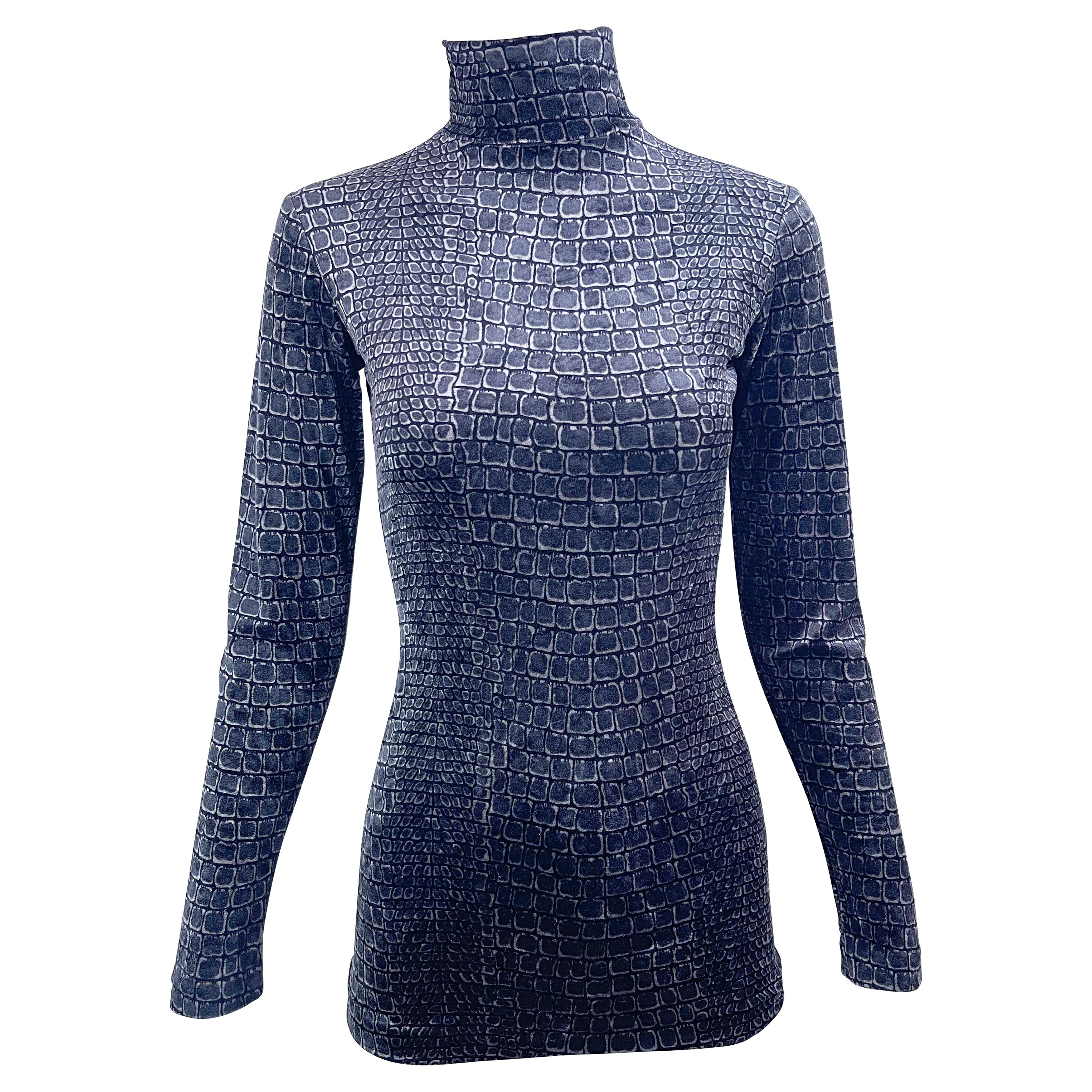 1990 Betsey Johnson Crocodile Alligator Print Vintage 90s Velour Turtleneck Top en vente