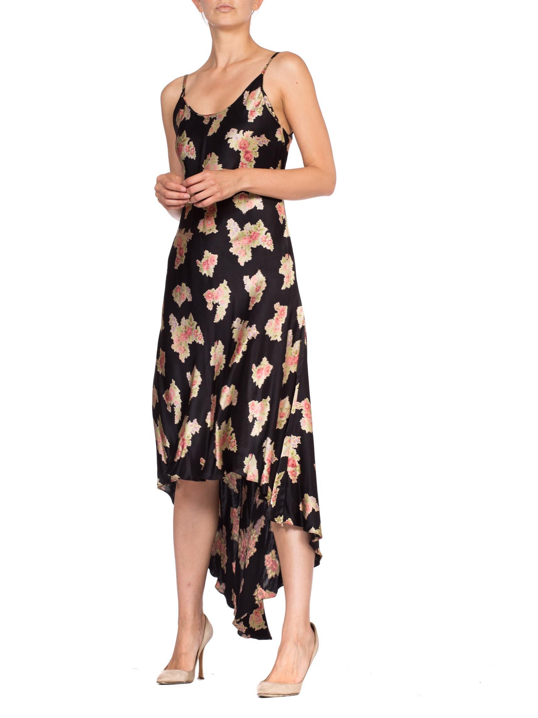 1990'S BETSEY JOHNSON Bias Cut High-Low Floral Rose Slip Dress In Excellent Condition In New York, NY