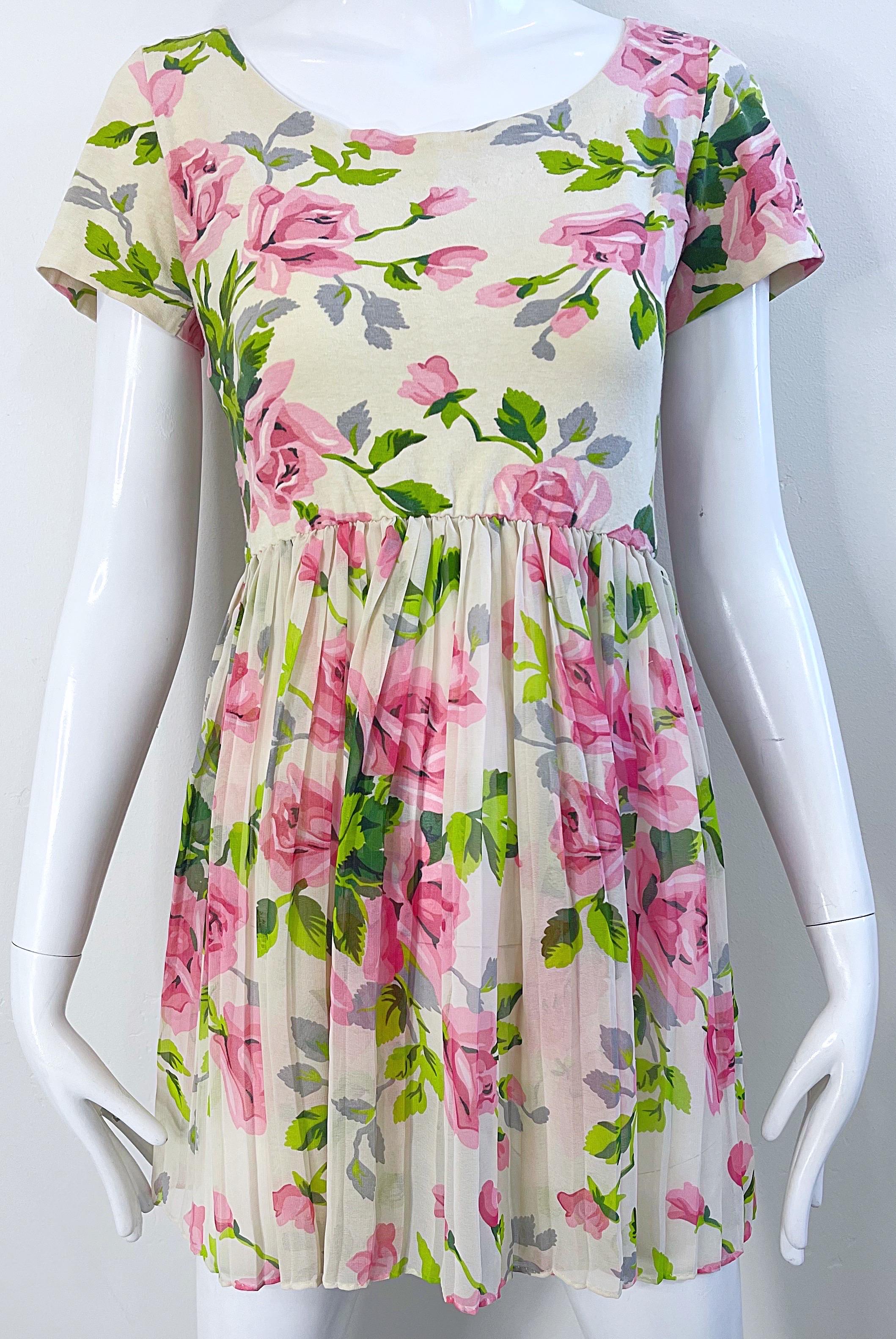 1990s Betsey Johnson Rose Print Cotton Chiffon Semi Sheer Crop Top Mini Dress For Sale 2