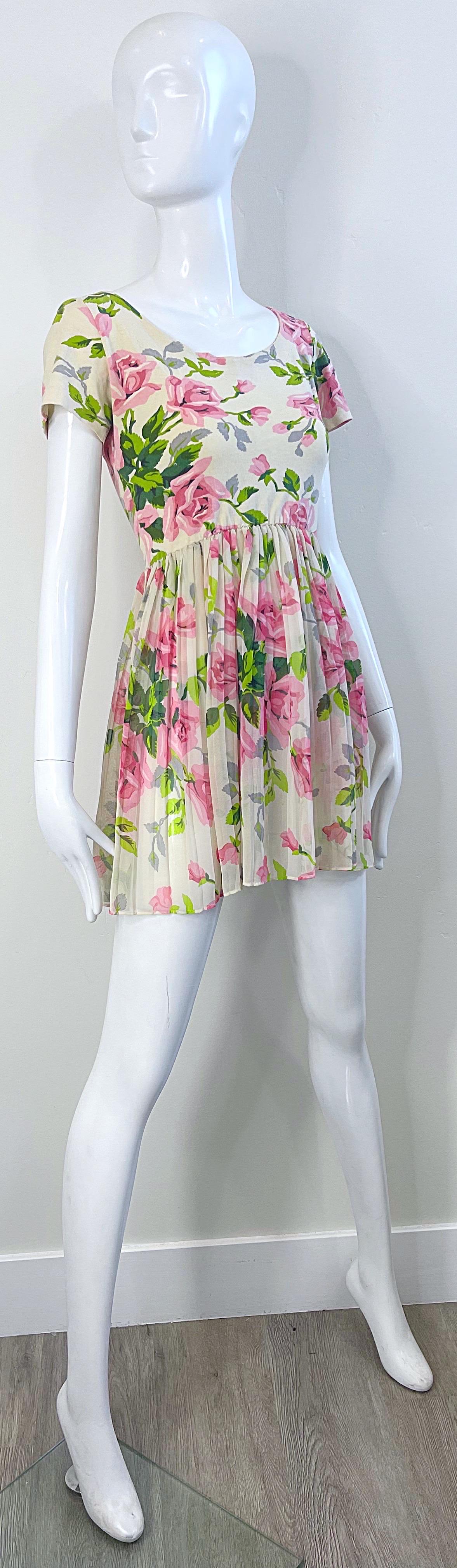 1990s Betsey Johnson Rose Print Cotton Chiffon Semi Sheer Crop Top Mini Dress For Sale 3