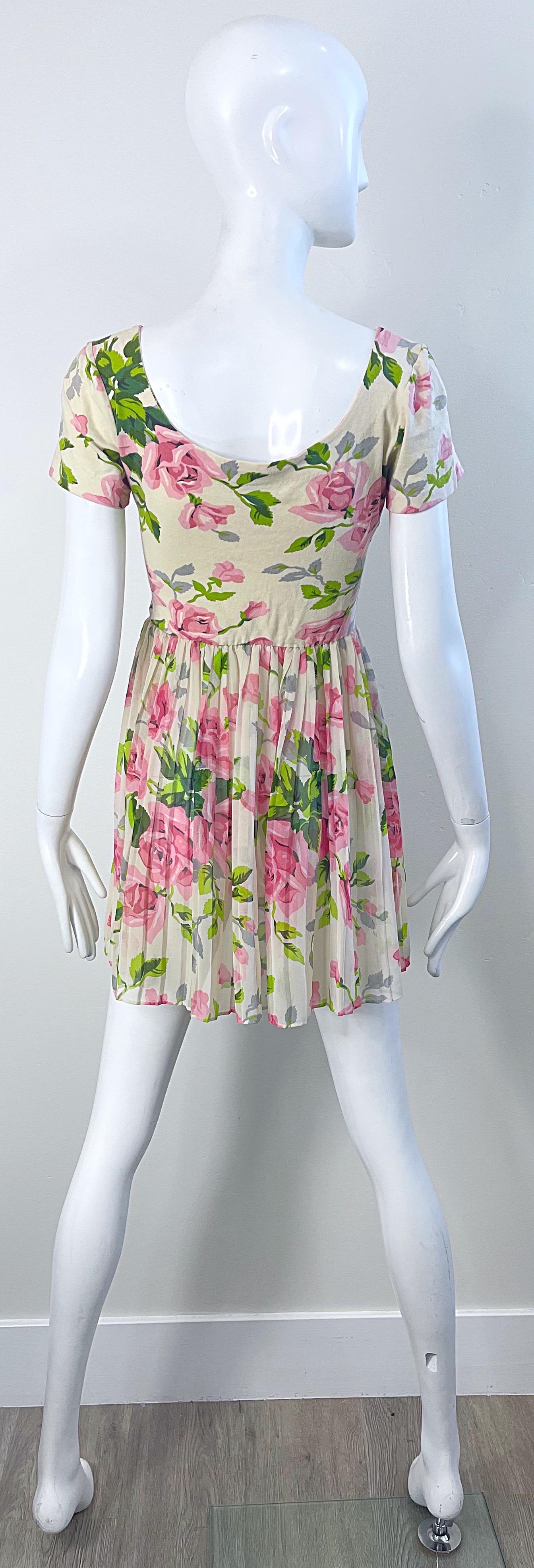 1990s Betsey Johnson Rose Print Cotton Chiffon Semi Sheer Crop Top Mini Dress For Sale 4