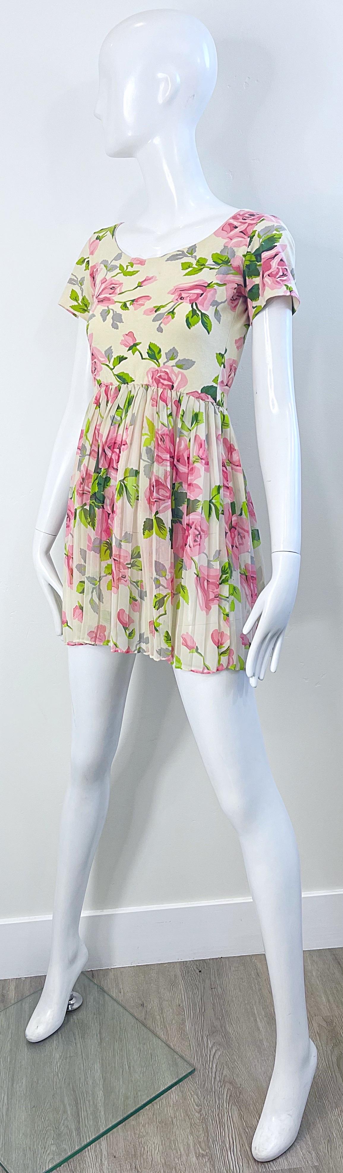 1990s Betsey Johnson Rose Print Cotton Chiffon Semi Sheer Crop Top Mini Dress For Sale 5
