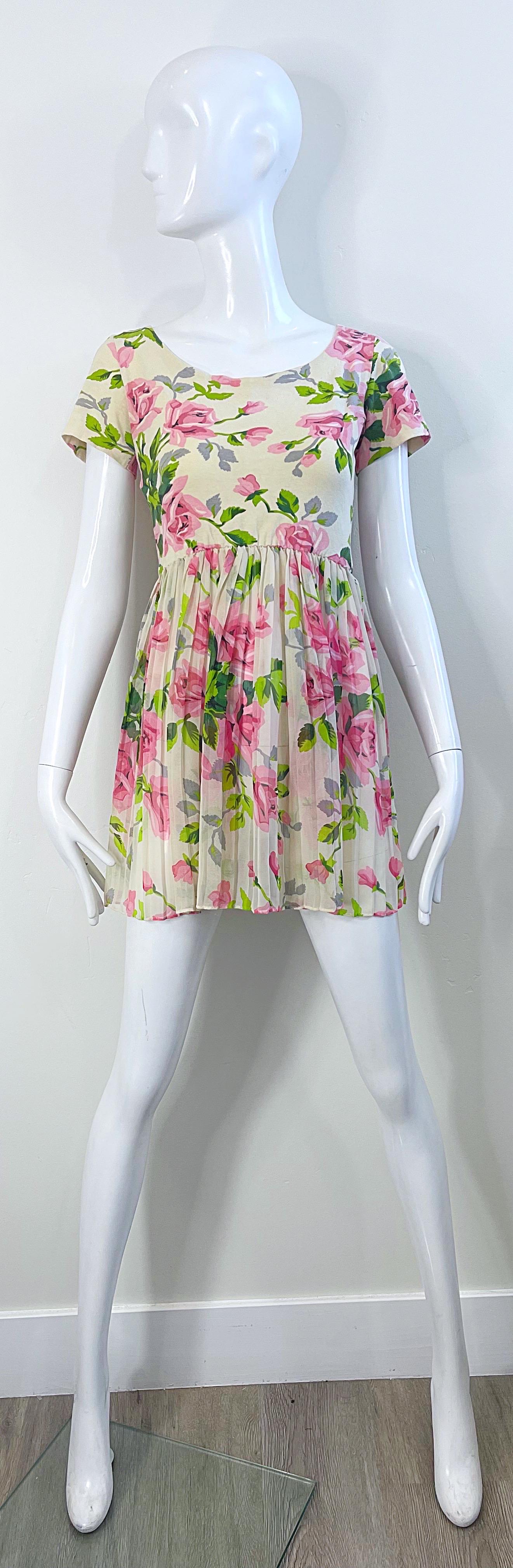 1990s Betsey Johnson Rose Print Cotton Chiffon Semi Sheer Crop Top Mini Dress For Sale 6