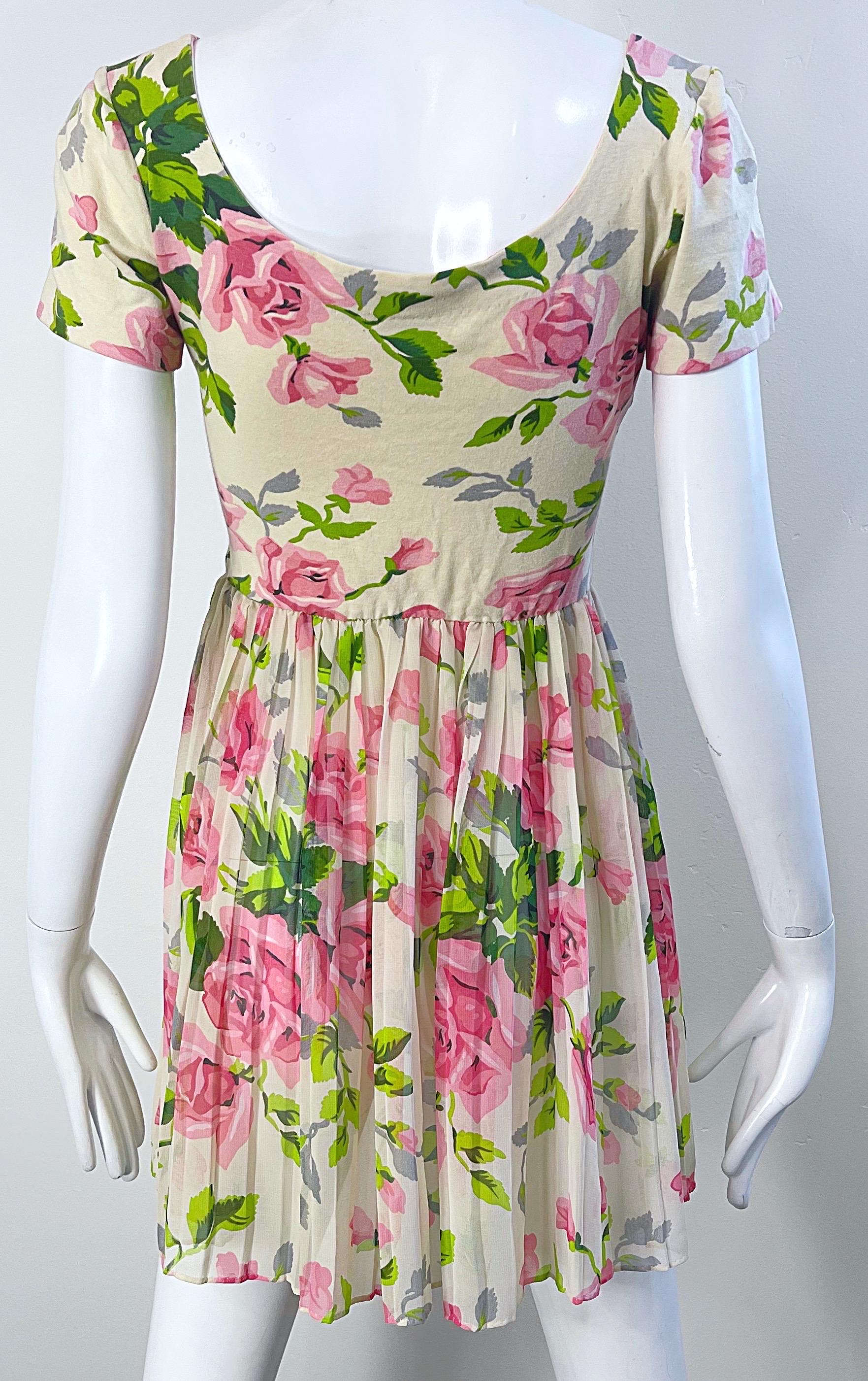 Beige 1990s Betsey Johnson Rose Print Cotton Chiffon Semi Sheer Crop Top Mini Dress For Sale