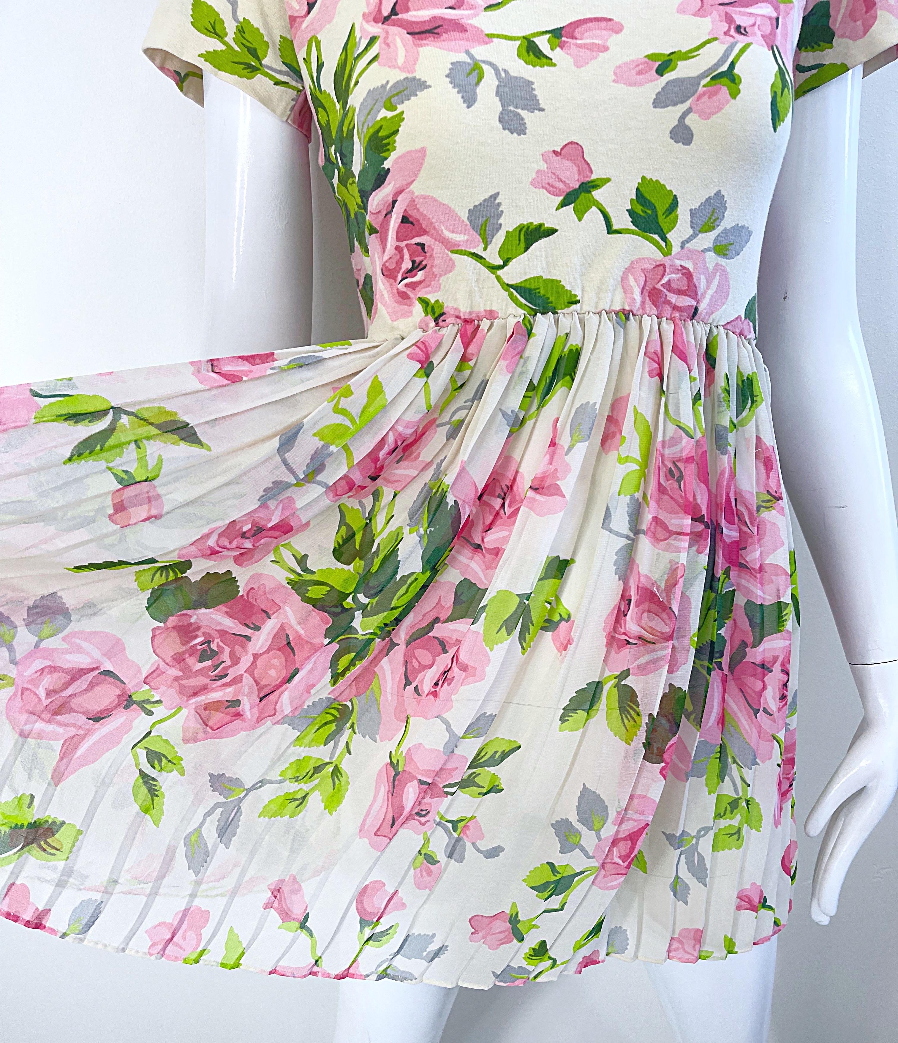 Women's 1990s Betsey Johnson Rose Print Cotton Chiffon Semi Sheer Crop Top Mini Dress For Sale