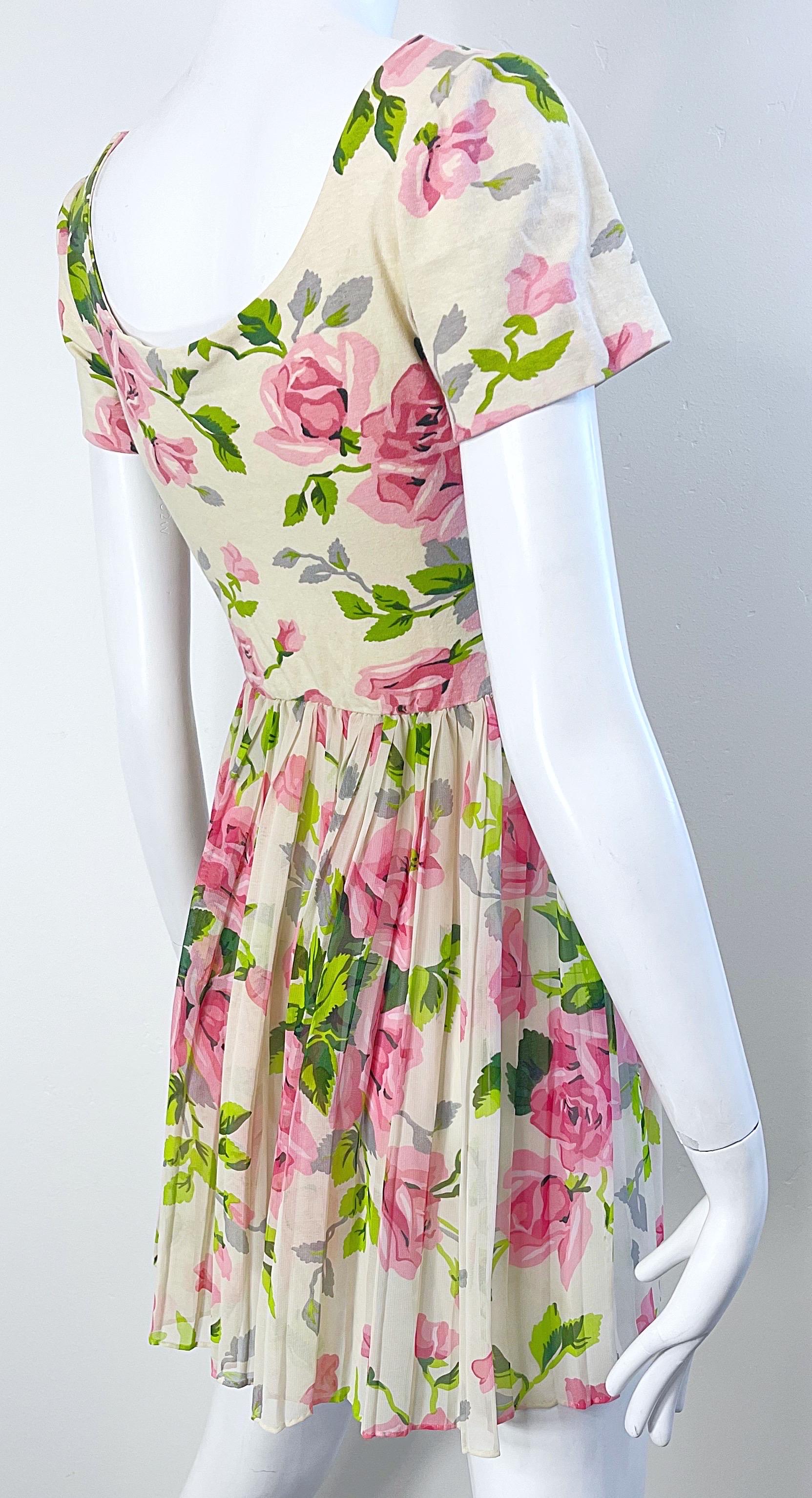 1990s Betsey Johnson Rose Print Cotton Chiffon Semi Sheer Crop Top Mini Dress For Sale 1
