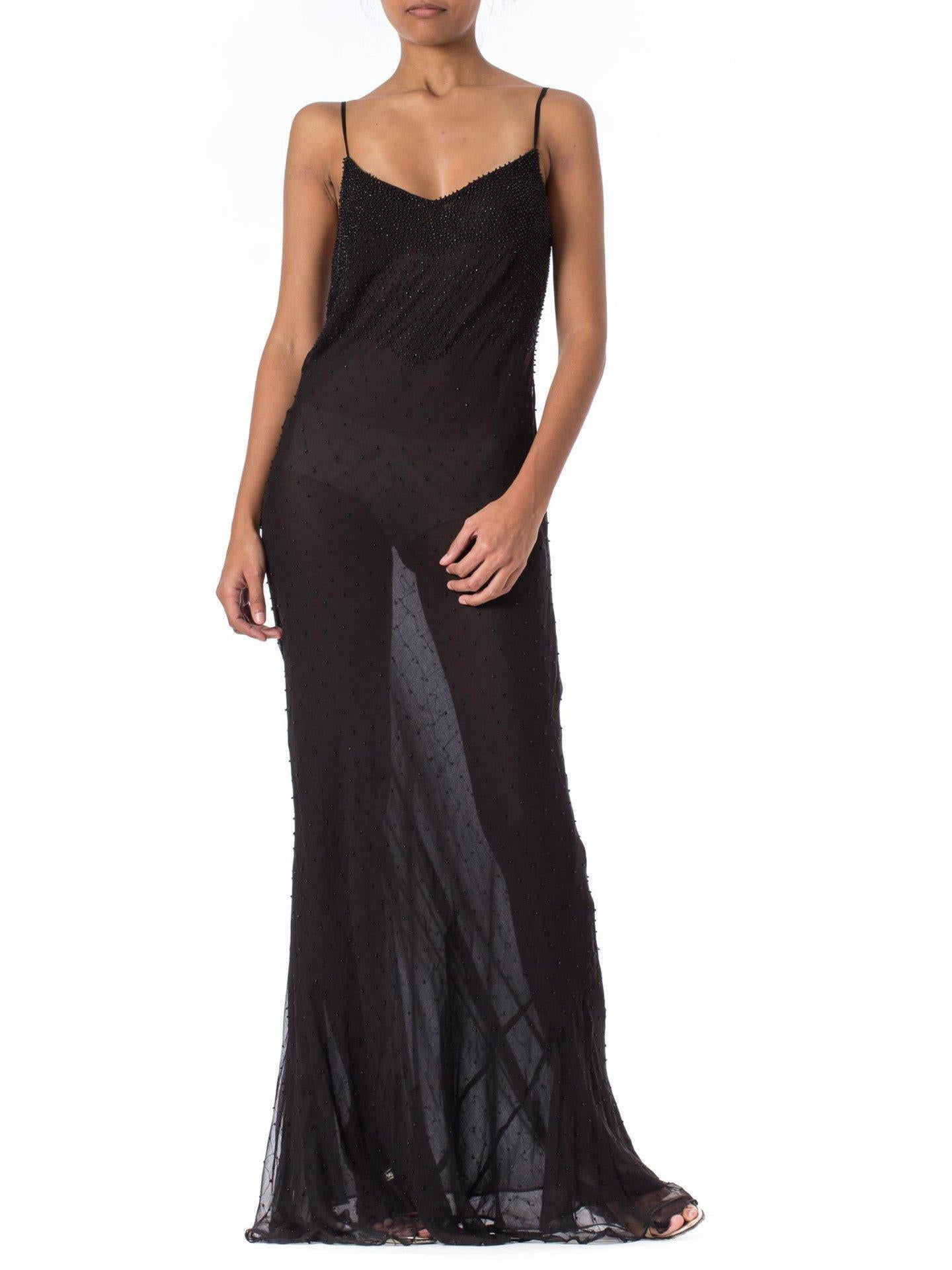 1990S Black Bias Cut Silk Chiffon Ombré Beaded Gown In Excellent Condition In New York, NY