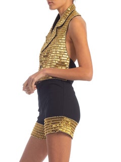 1990'S Black & Gold Cotton/Lycra Bike Shorts Halter Vest Ensemble Set Covered I