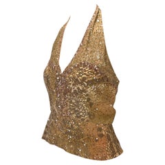 1990s Bill Blass Beaded Beige Halter Neck Crop Top Abstract Print