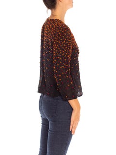 1990S BILL BLASS Black & Orange Beaded Embroidered Silk Chiffon Top