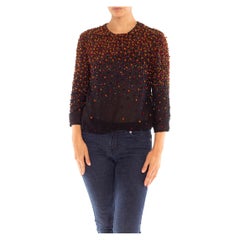 1990S BILL BLASS Black & Orange Beaded Embroidered Silk Chiffon Top
