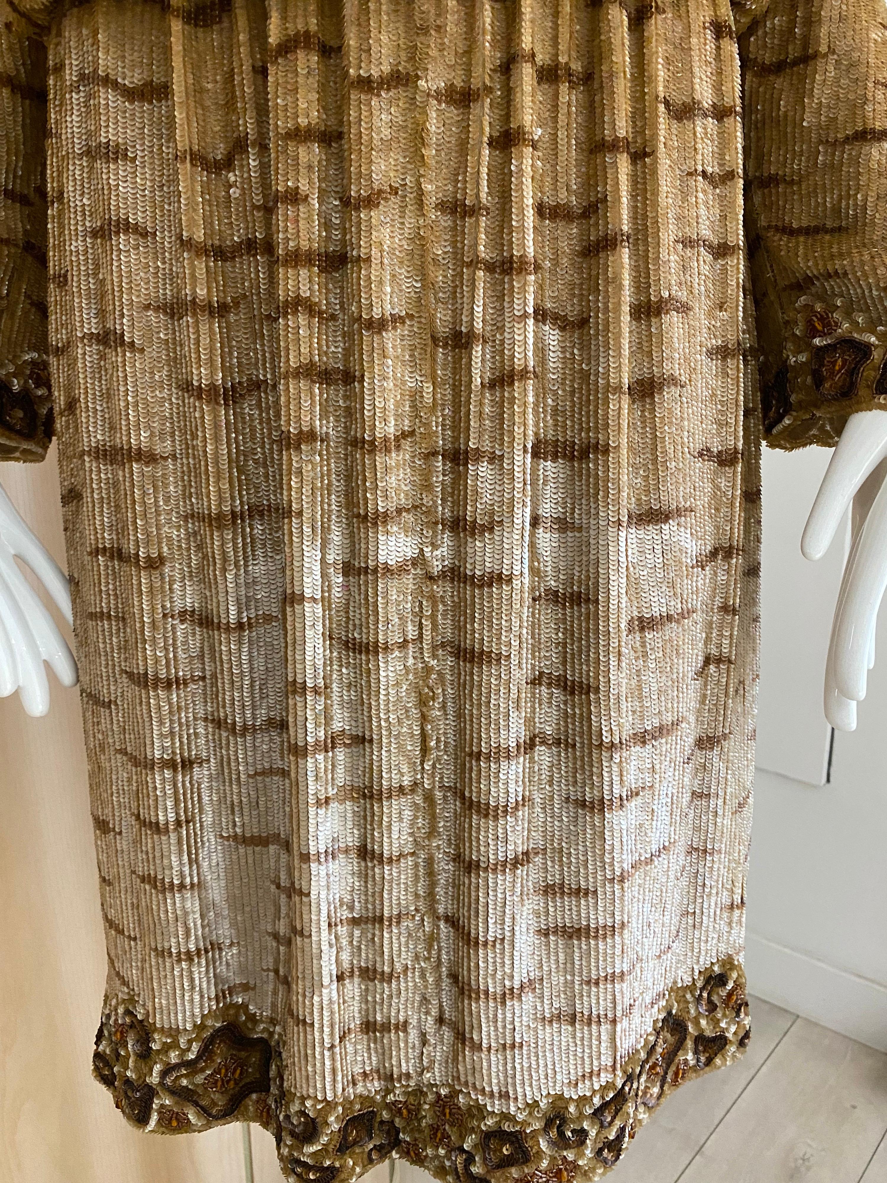 1990s BILL BLASS Brown Beaded Long Sleeves Cocktail Dress For Sale 7