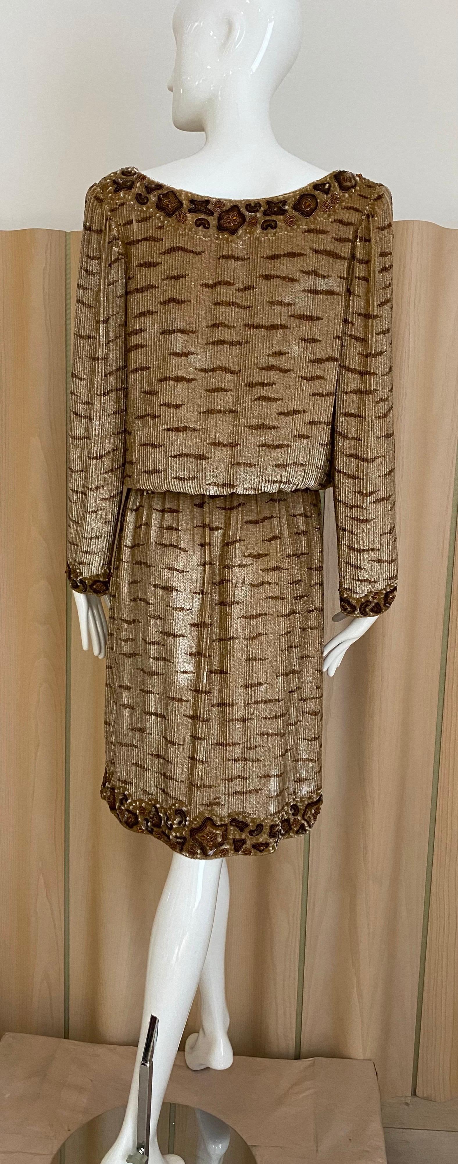 1990s BILL BLASS Brown Beaded Long Sleeves Cocktail Dress For Sale 1